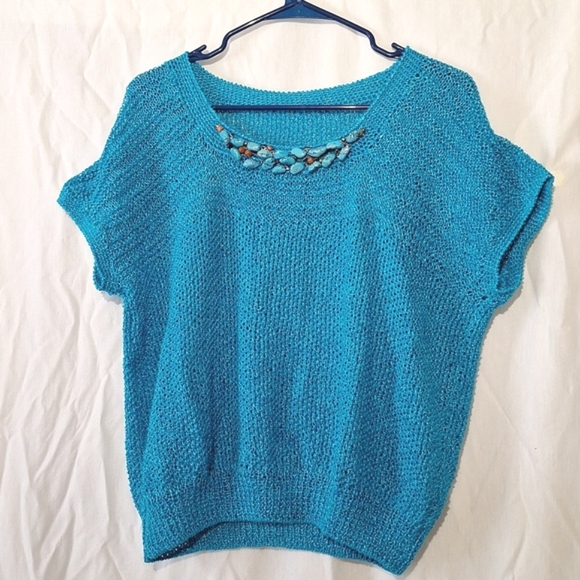 other Sweaters - 3/$23-Aqua Beaded Knit Cap Sleeve Sweater, Cropped, Slipover, Sz 12, NWOT